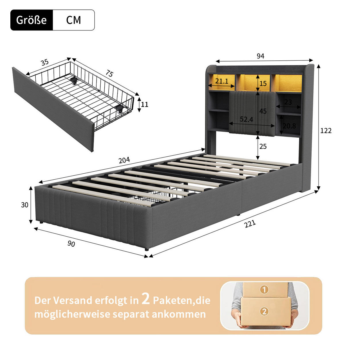 POLSTERBETT 90/200 cm Grau mit 2 Schubladen, LED-Kopfteil mit Ablage und USB - Grau, Metall (90/200cm) - EuroLiving