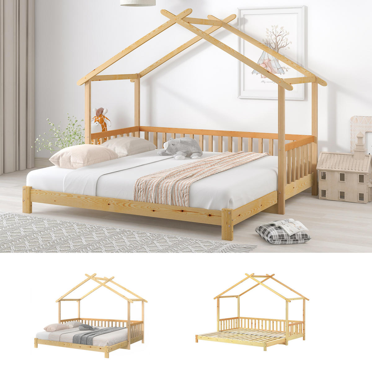 HAUSBETT 90/200 cm Natur aus massivem Holz ausziehbar - Naturfarben, Holz (90/200cm) - OKWISH