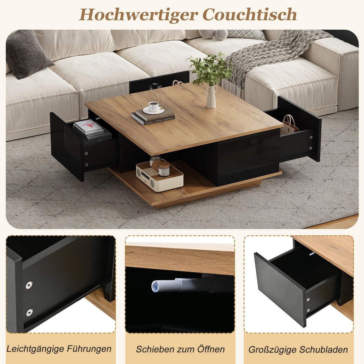 COUCHTISCH 70x70x31.5cm Schwarz Holzfarbe mit 3 Schubl. - Walnussfarben/Schwarz, Holzwerkstoff (70/70/31.5cm) - FLIEKS