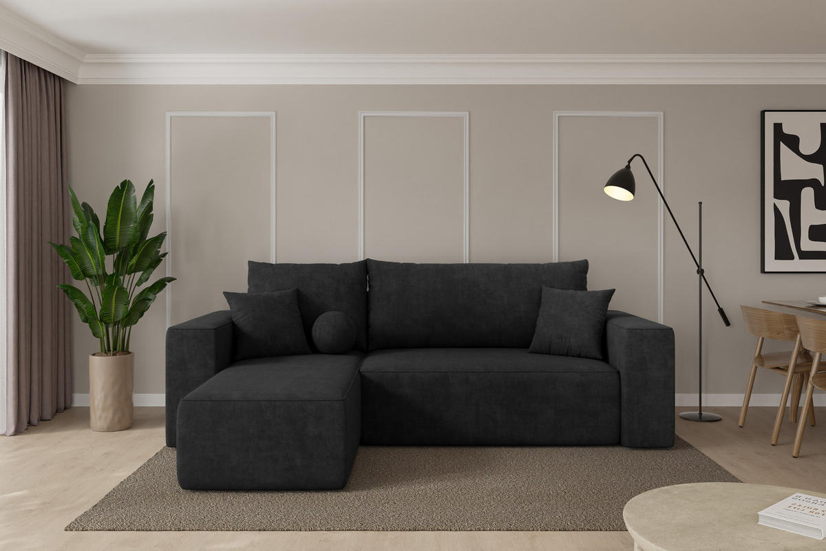ROHOVÁ SEDAČKA s funkcí spaní, otoman vlevo SENO-L 249x139x85 černá velur - černá, kompozitní dřevo/textil (249/139cm) - ALTDECOR
