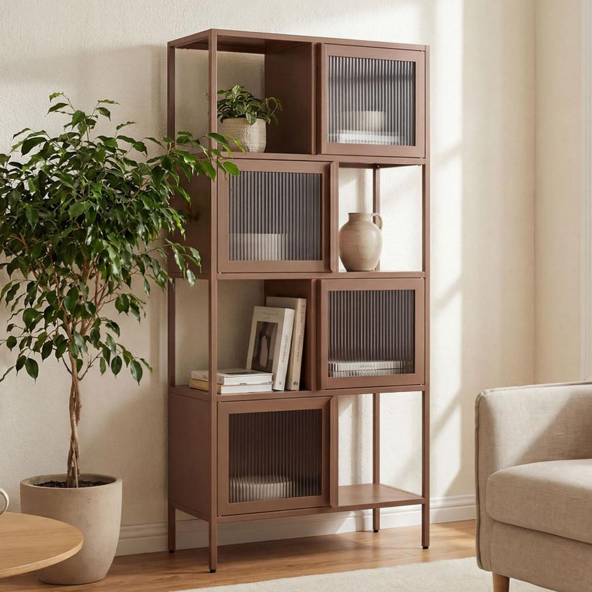 METALLREGAL H170cm 4 Türen 4 Fächer Braun und Geriffeltes Glas KIARA - Braun, Metall (35/170/80cm) - Sicaan