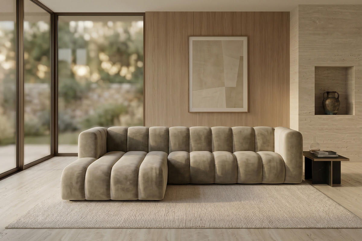 ECKSOFA Modulares In L-Form, Velvet-Stoff Riviera, Beige, Links, GRAND 287 cm - Beige, Holz (287/179cm) - Kaiser Möbel
