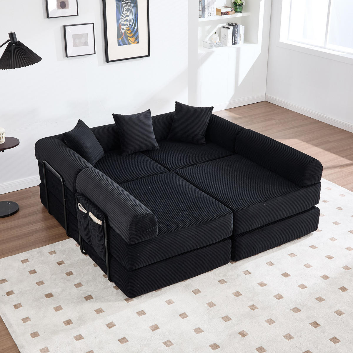 ECKSCHLAFSOFA Modulsofa,Fünfsitzer mit Schlaffunktion,kombinierbar,Cord,Schwarz - Schwarz, Textil (270/180cm) - LVHOM