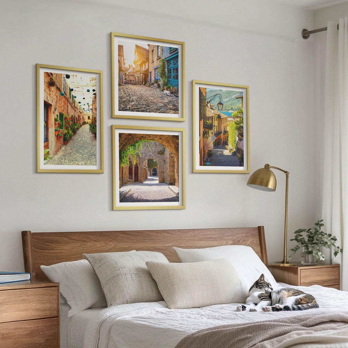 BILDER SET 4er Set - 50x50 cm & 40x60 cm Goldrahmen - Charmante Straßen mit Steinen - Goldfarben, Kunststoff (50/50cm) - TULUP