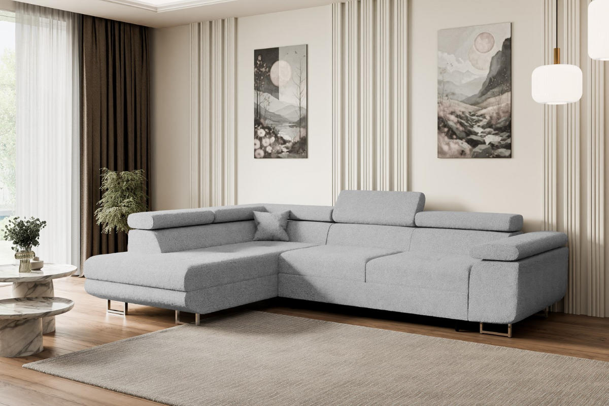 ECKSOFA mit Schlaffunktion und Bettkasten GUSA-L 272x202x107 cm Grau Bouclé - Silberfarben/Hellgrau, Holzwerkstoff/Textil (202/272cm) - ALTDECOR