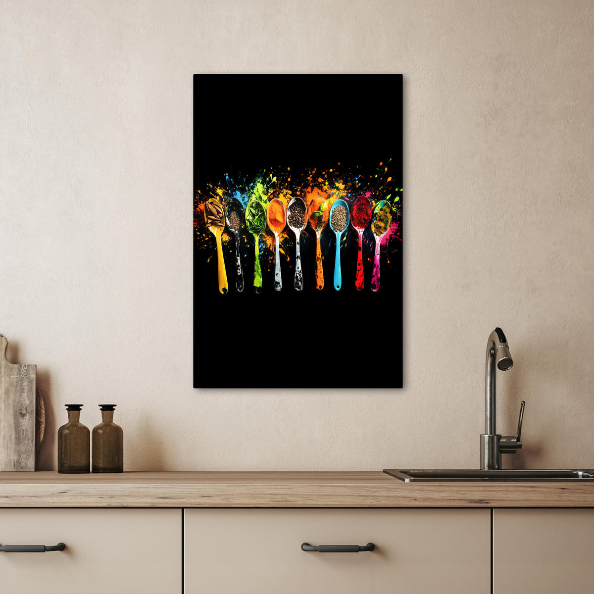 LEINWANDBILD Löffel - Gewürze - Modern - Graffiti - Farbe - Farbenfroh 40x60 cm - Multicolor, Textil (40/60cm) - MuchoWow