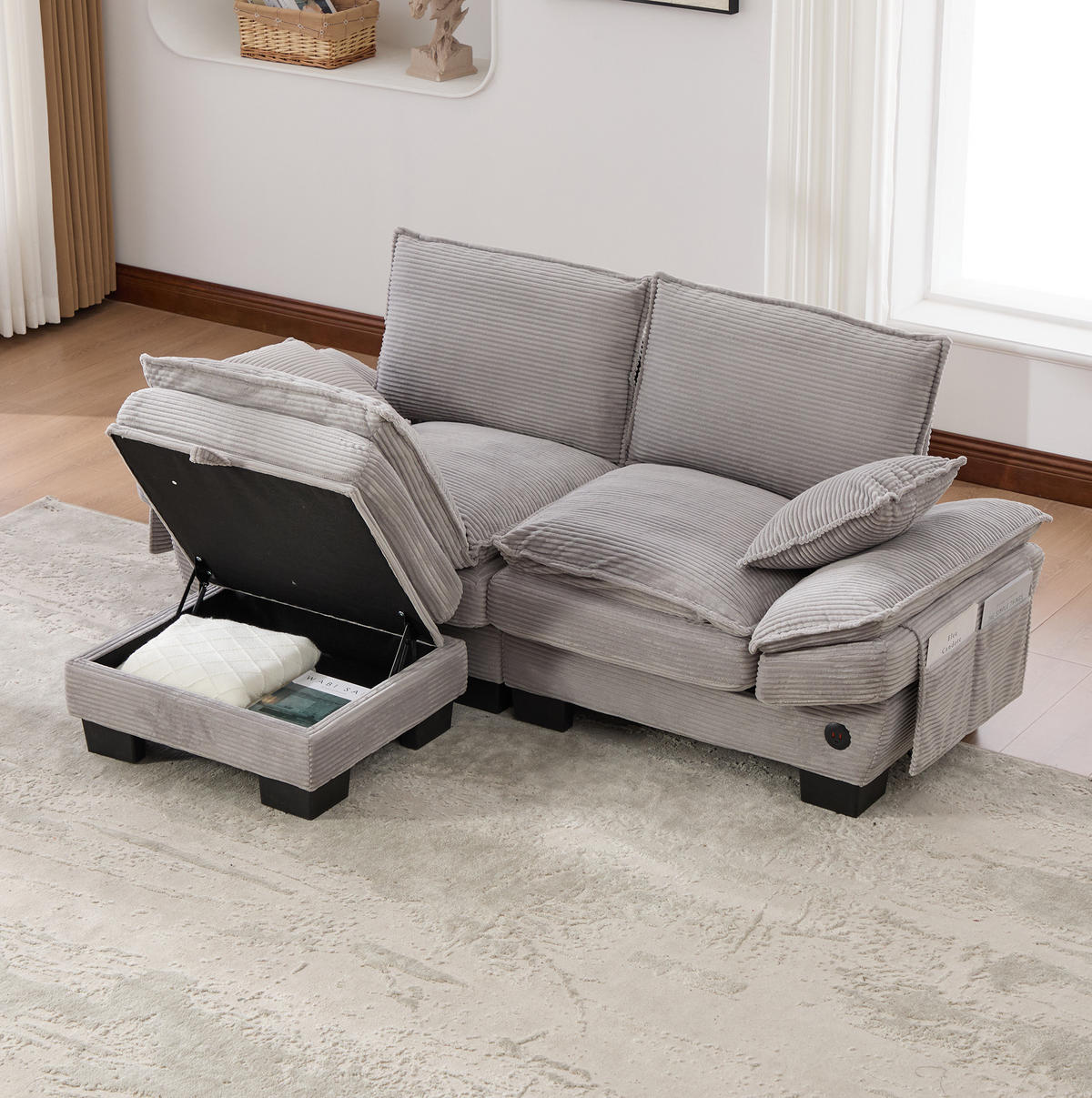 SOFA 2-Sitzer mit Hocker 190 x 132 x 84 cm Corduroy Light Gray - Hellgrau, Kunststoff (132/190.1cm) - Meubliv
