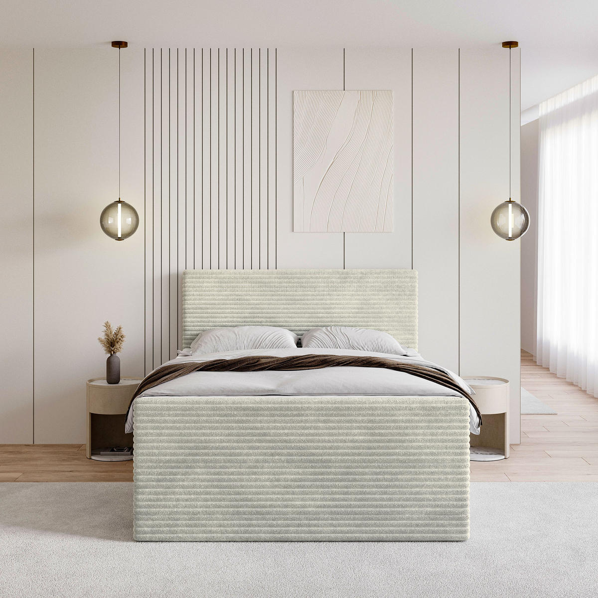 BOXBETT NOLEN 180x200 cm mit Matratze und Topper - Hellgrau - Hellgrau, Holz (180/200cm) - MASSENO