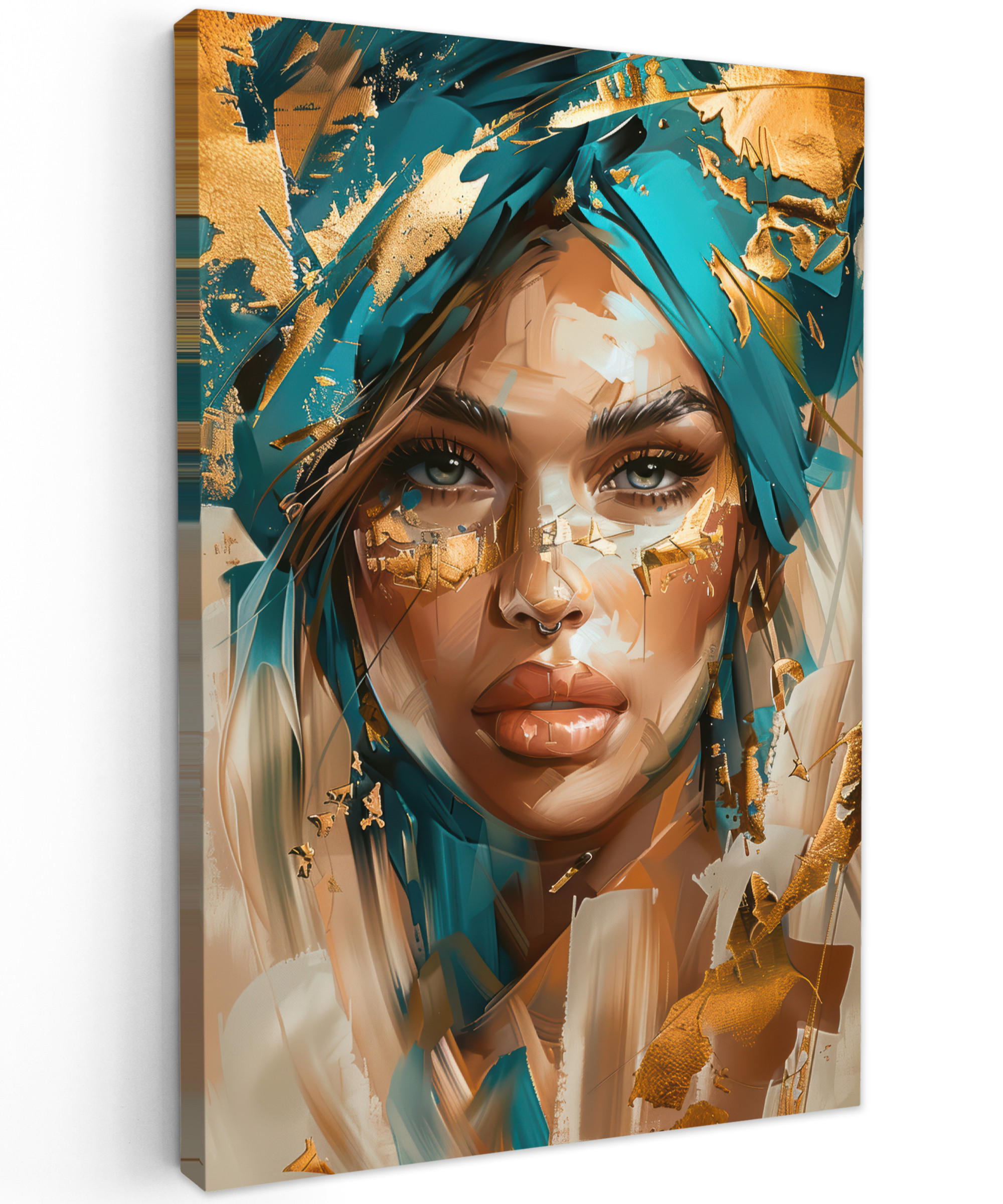 MuchoWow OBRAZ NA PLÁTNĚ Žena - Portrét - Zlatá - Luxusní - Modrá 60x90 cm