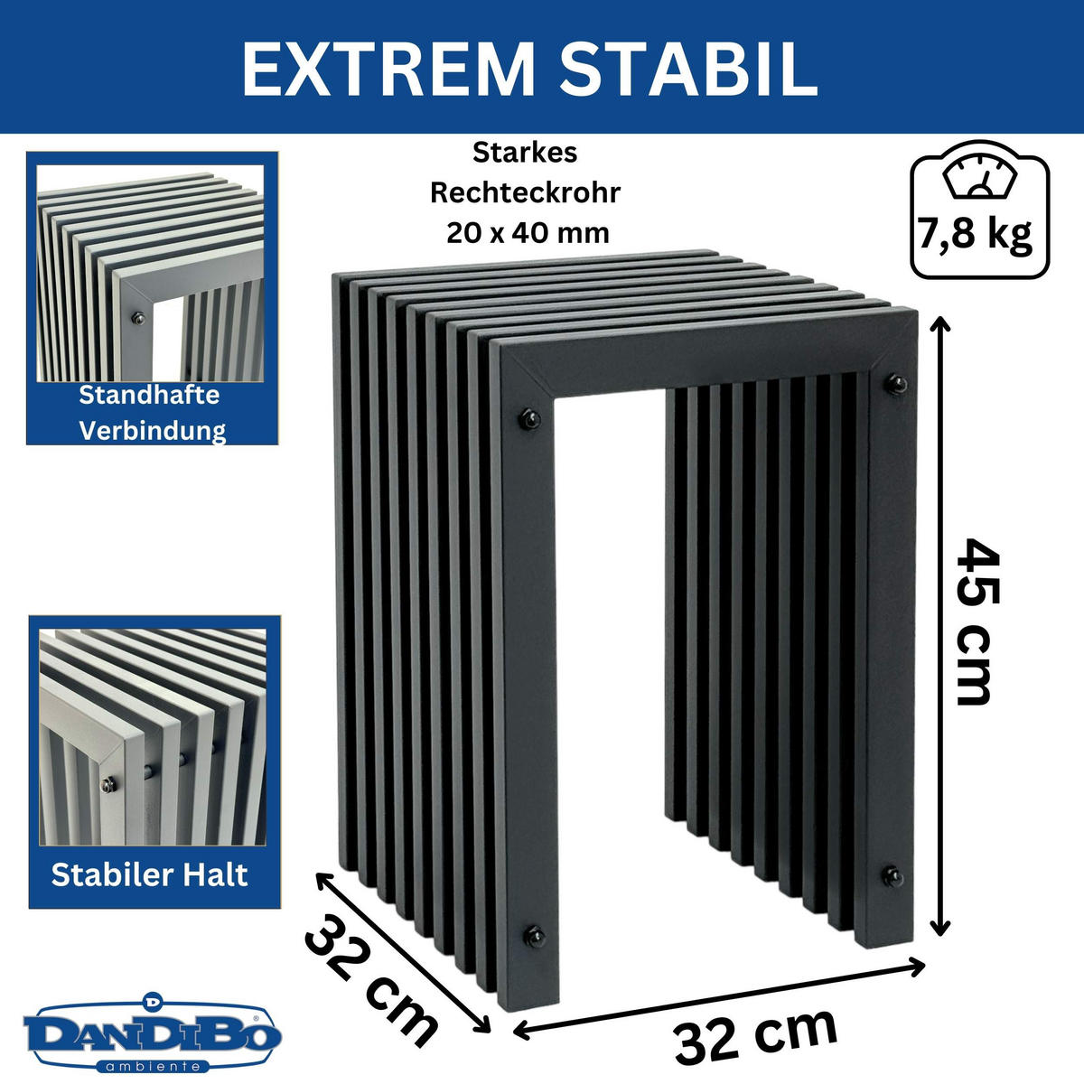 HOCKER Lamellen eckig Metall Schwarz 32/32/45 cm - Schwarz, Metall (32/45/32cm) - DanDiBo