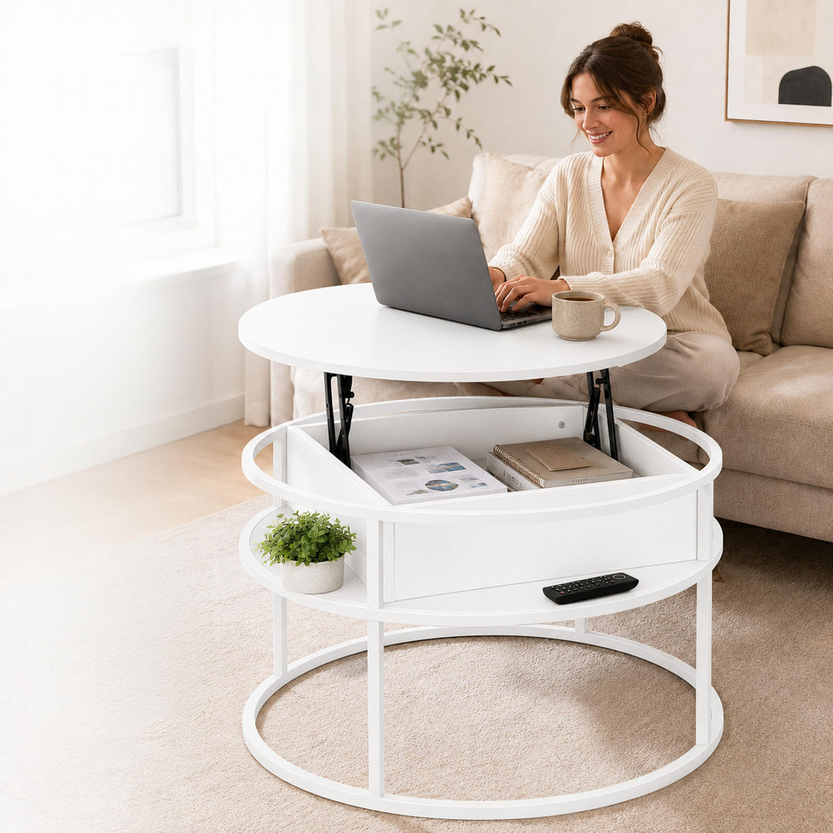 COUCHTISCH Weiß Liftfunktion - Weiß, Holzwerkstoff/Metall (80/80/47cm) - Relaxdays