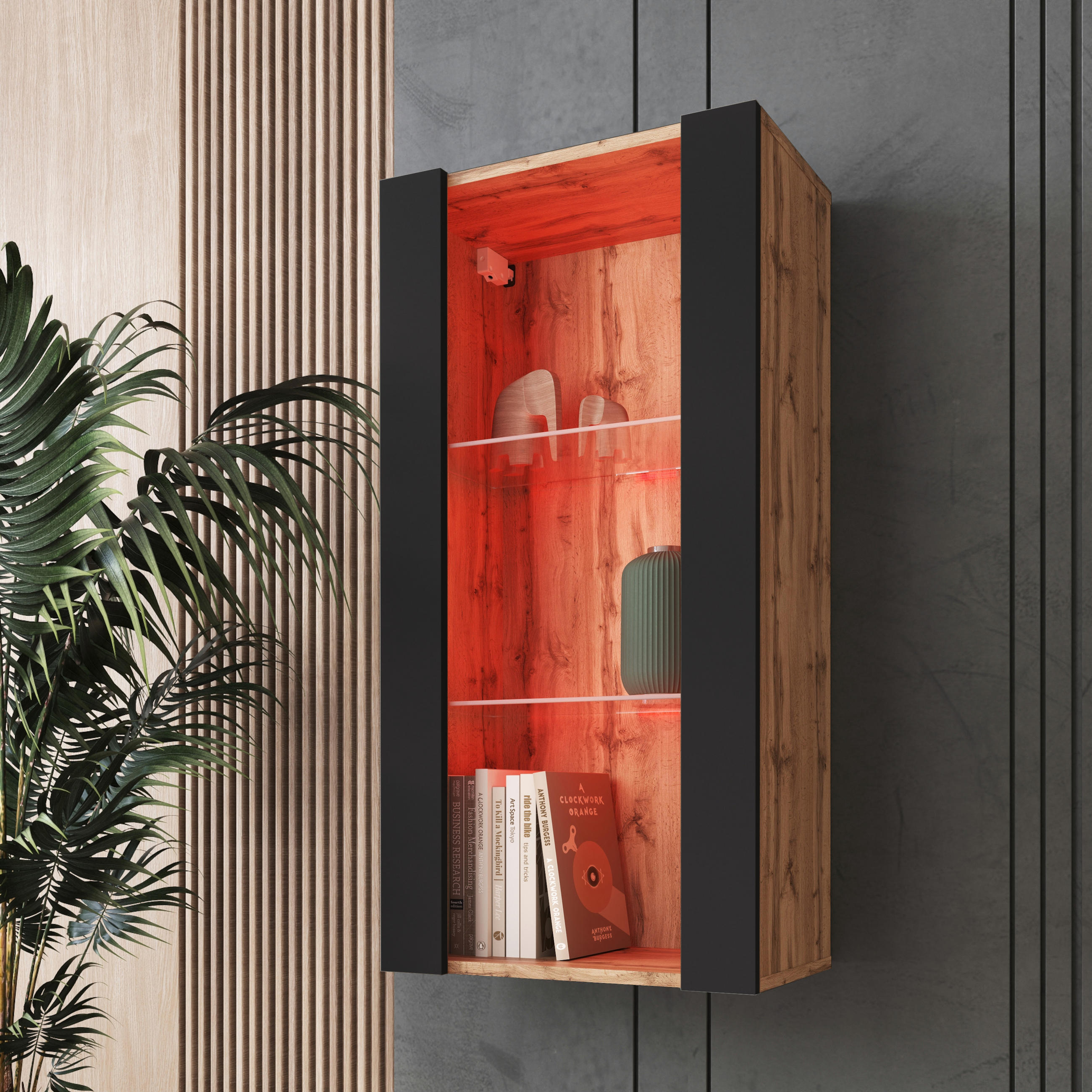 Thumbnail - Komodee Hängevitrine, Eiche Wotan, Schwarz, Glas, 2 Fächer, Rechteckig, 50x100x29.5 cm, Wohnzimmer, Wohnwände, Vitrinens...