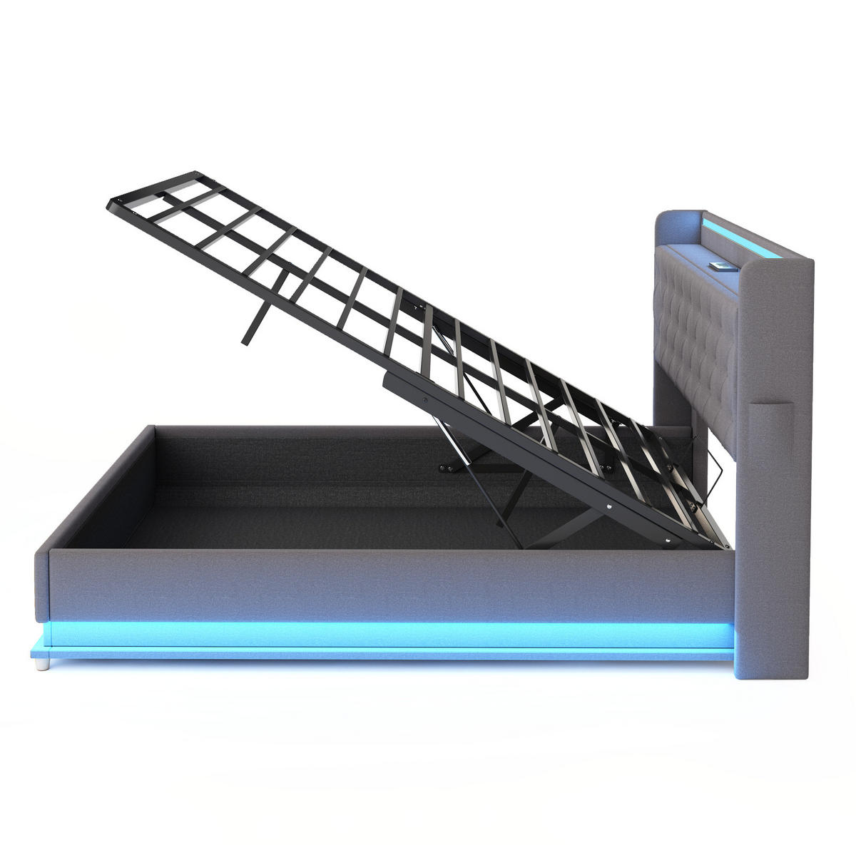 POLSTERBETT mit LED-Beleuchtung 140/200 cm mit USB-Anschluss und Bettkasten - Grau, Textil (140/200cm) - BEAOK