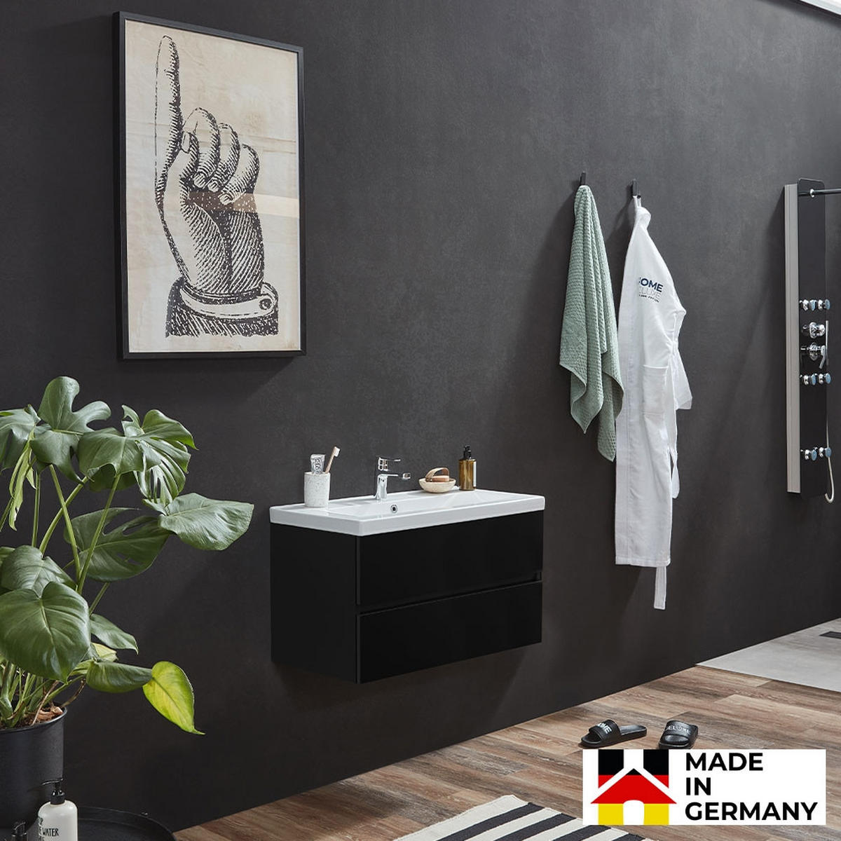 BADMÖBELSET WANGEROOGE BIG DELUXE S - Schwarz, S - Schwarz, Holz/Keramik (48/41/80cm) - Home Deluxe