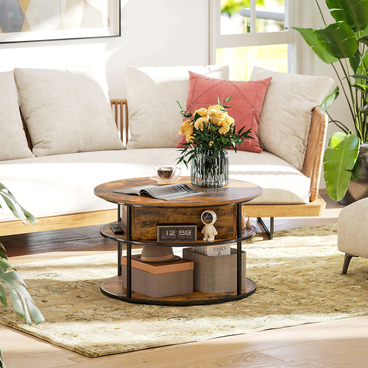 COUCHTISCH Höhenverstellbarer mit Ablagefläche, Braun - Braun, Metall (80/80/61.5cm) - HOMCOM