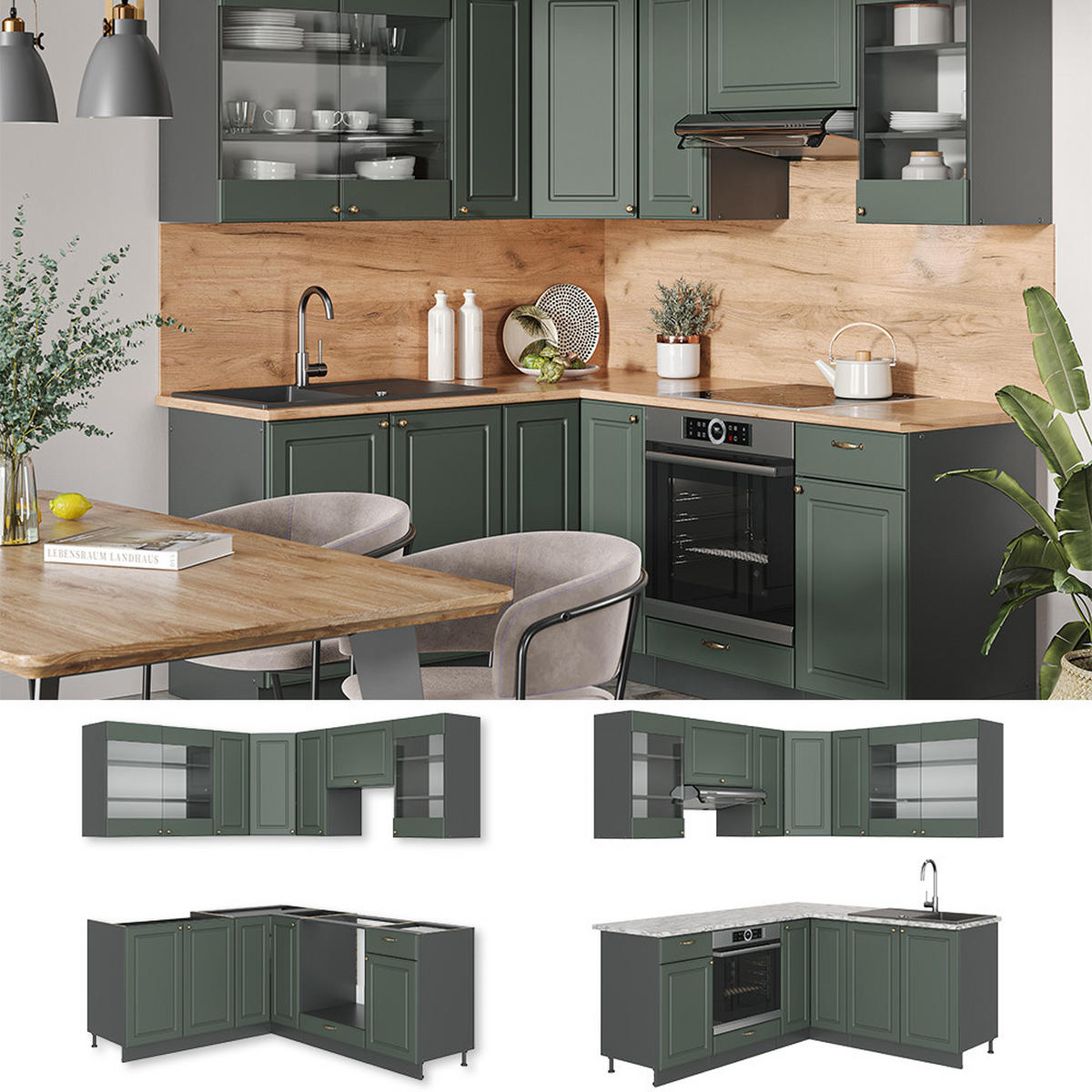 ECKKÜCHE Fame-Line Grün-Gold Landhaus/Anthrazit 160 x 190 cm AP Anthrazit - Anthrazit/Grün, Holzwerkstoff (190/81.6/60cm) - Vicco