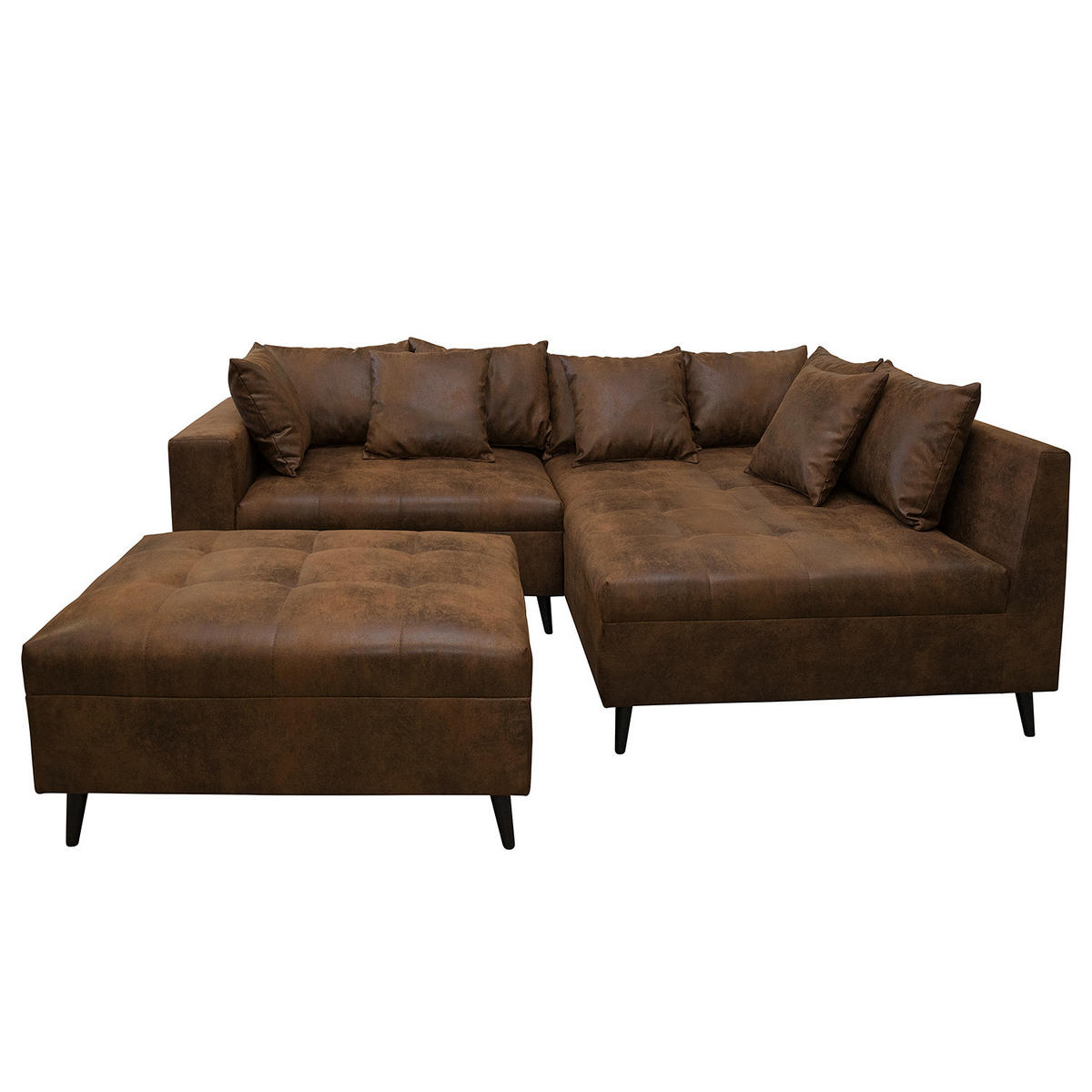 ECKSOFA mit Ottomane und Hocker - Dunkelbraun/Schwarz, Birkenholz/Textil (247/174cm) - home24