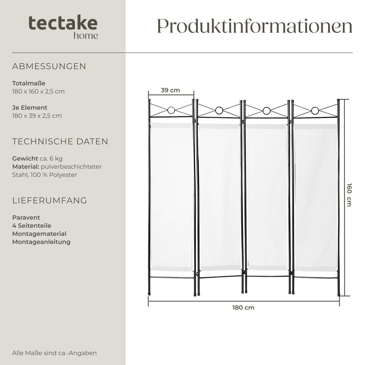RAUMTEILER , 160 x 2,5 x 180 cm, weiß - Weiß, Metall (2.5/180/160cm) - tectake