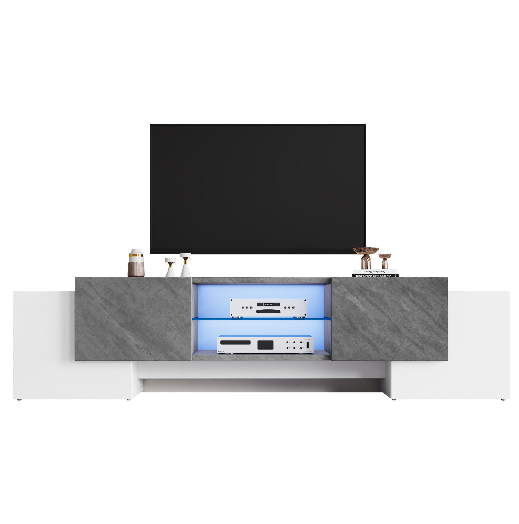 Redom TV stolek 180/40/46,5 cm s LED osvětlením, tichými panty a variabilním úložným prostorem, Bílá/šedá