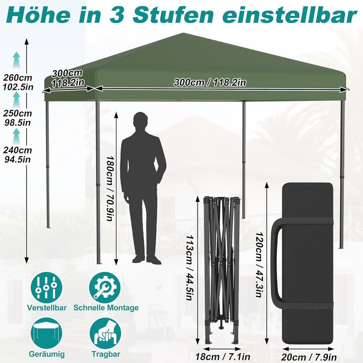 FALTPAVILLON 3x3 m Grün mit One-Touch Lift - Grün, Textil (300/260/300cm)