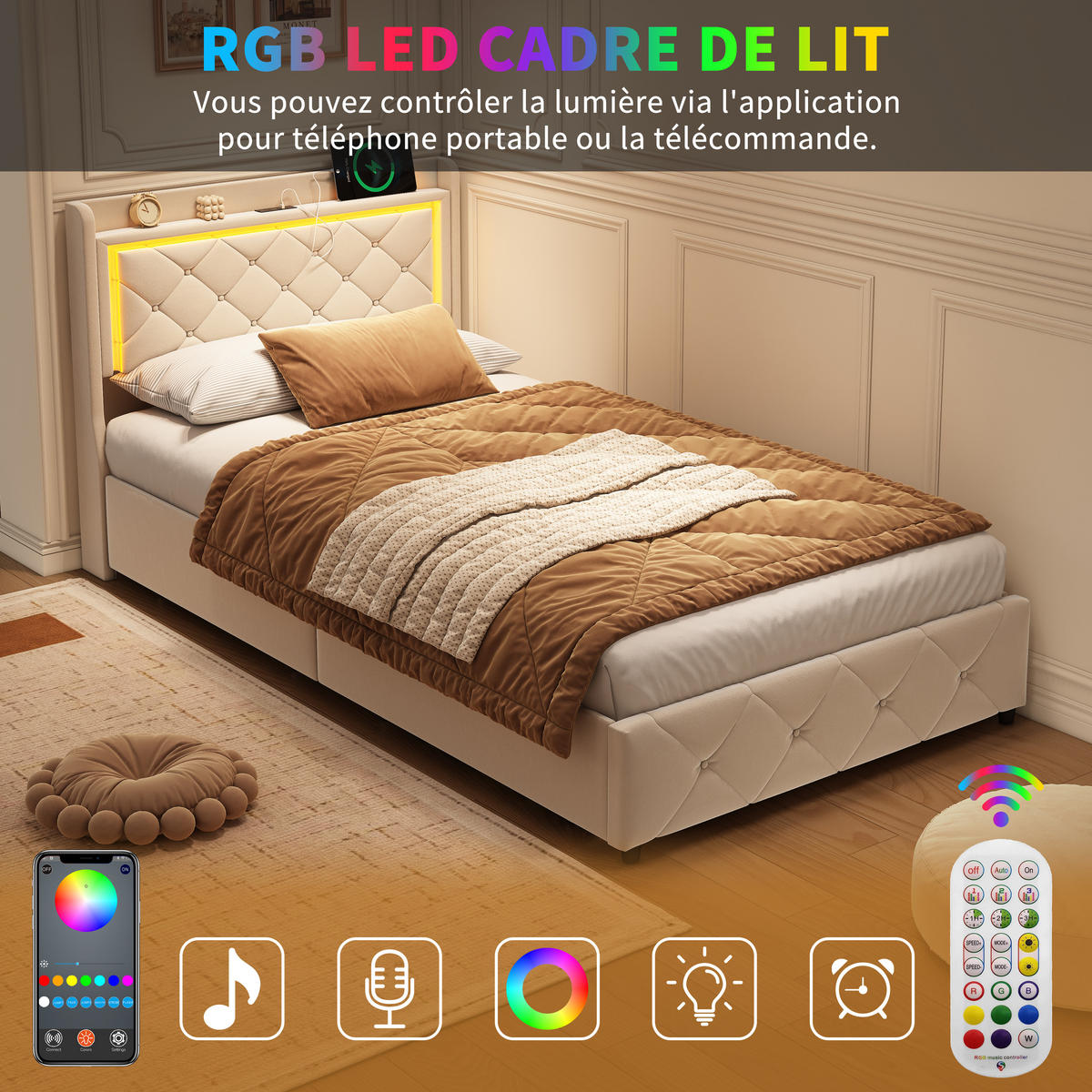 ČALÚNENÁ posteľ 90x200 cm Béžová LED USB Plynový výťah Bedbox - béžová, drevo (90/200cm) - SHOPENTRA