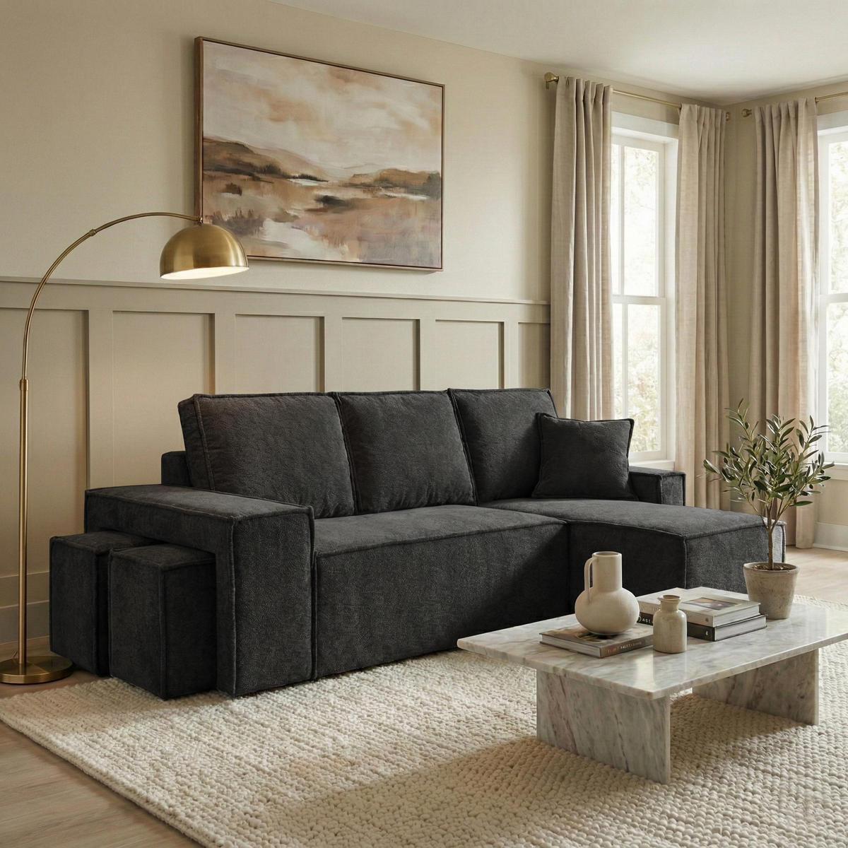 ECKSCHLAFSOFA Colby mit Schlaffunktion und zwei Hockern, universeller Ottomane, Anthrazit - Anthrazit, Textil (265/155cm) - Beautysofa