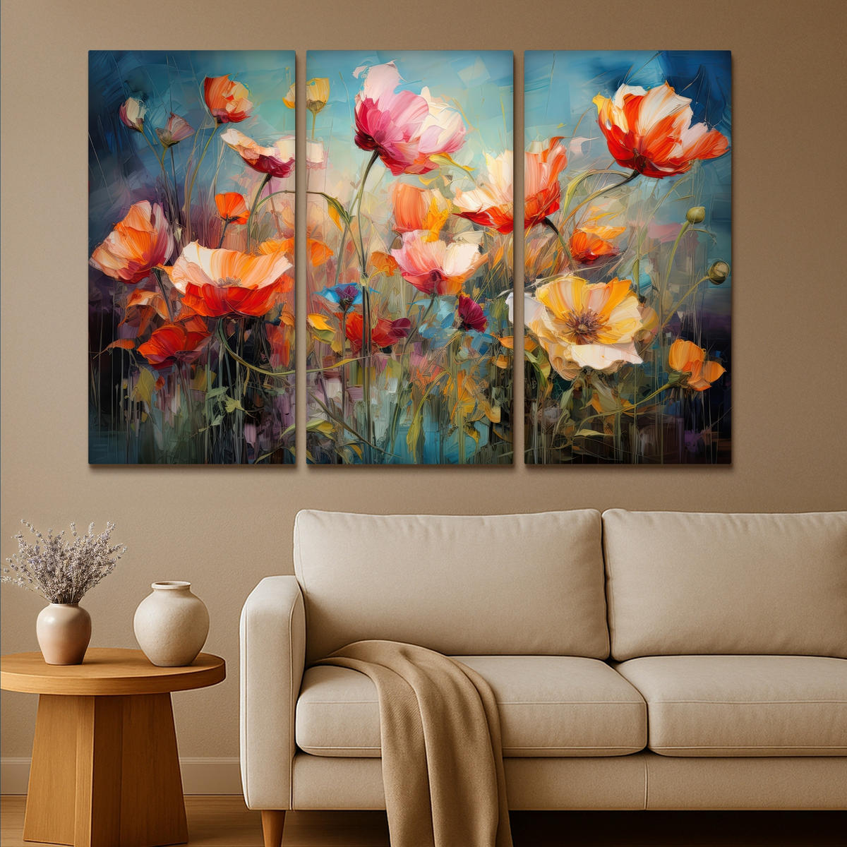 LEINWANDBILD 3er Set Blumen - Bunt - Abstrakt 150x100 cm - Blaugrau, Textil (150/100cm) - MuchoWow