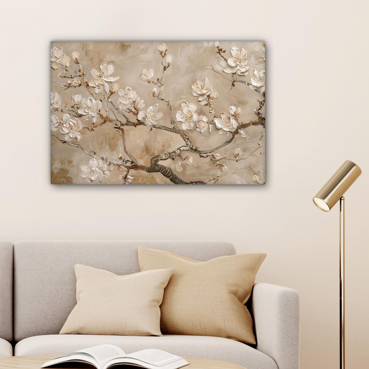 LEINWANDBILD - Blumen - Modern - Beige - Weiß - Blüte - 90x60 - Deko Wohnzimmer - Beige, Textil (90/60cm) - MuchoWow