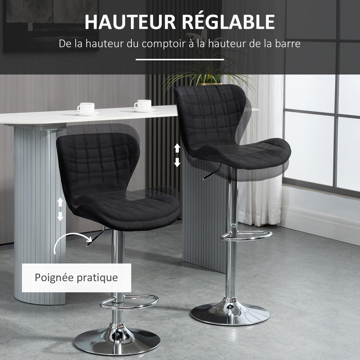 BARHOCKER 2er-Set DE-14689 höhenverstellbar & 360° schwenkbar Schwarz - Schwarz, Metall (51.5/111.5/47cm) - ComfortXL