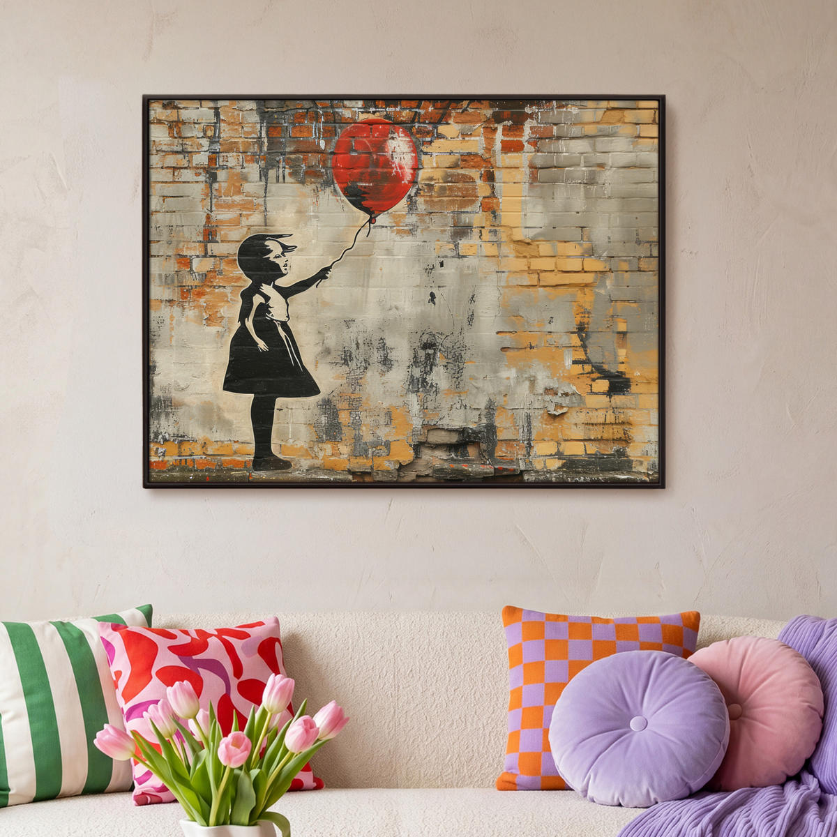 LEINWAND Bilder mit Rahmen - Graffiti - Banksy - Mädchen - Straßenkunst - 100x70 - Sandfarben, Textil (100/70cm) - MuchoWow
