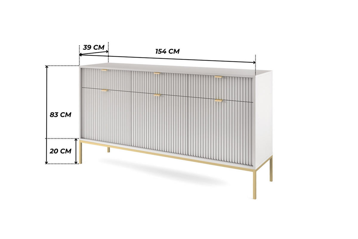 GRAUE Moderne Geriffelte Kommode KIOTO K3D3SZ (Gold Gestell, Soft-Close Türen) - Goldfarben/Grau, Holz/Holzwerkstoff (154/83/39cm) - Ravio