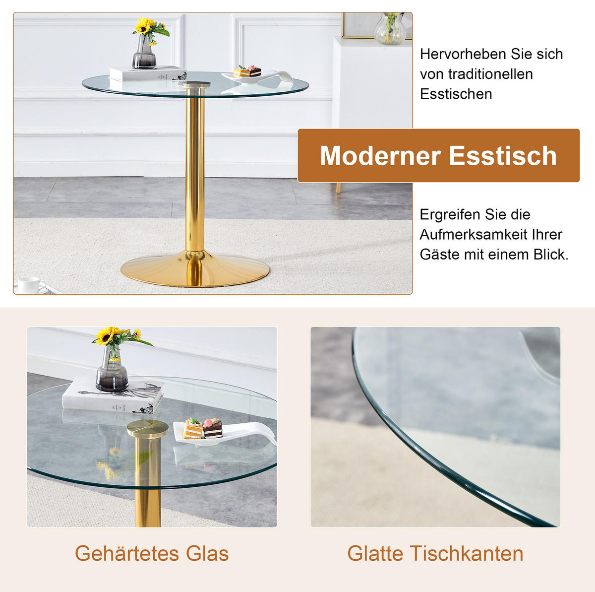 ESSGRUPPE rund 85 cm Glas Gold mit 4 Drehstühlen Hellgrau - Transparent, Metall (85/76/85cm) - Meubliv