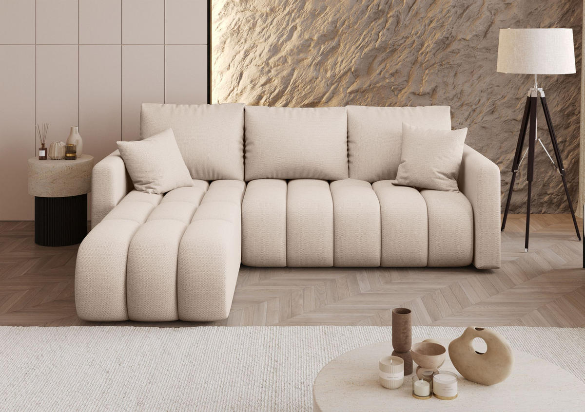 ECKSOFA GARDA links hellbeige Strickstoff Aragon 3 - Schlaffunktion, Bettkasten - Creme, Textil (230/150cm) - Cornero