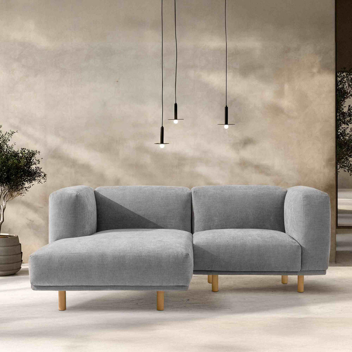 ECKSOFA-LINKS FOSERO, Chenille-Stoff - Buchefarben/Hellgrau, Holz/Holzwerkstoff (204/155cm) - KONSIMO®
