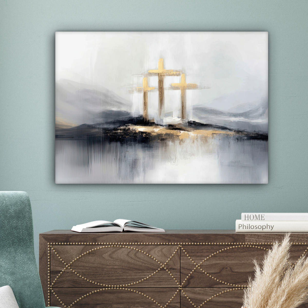 LEINWANDBILD Abstrakt - Malerei - Christentum - Kreuz Wandbilder 80x60 cm - Weiß, Textil (80/60cm) - MuchoWow