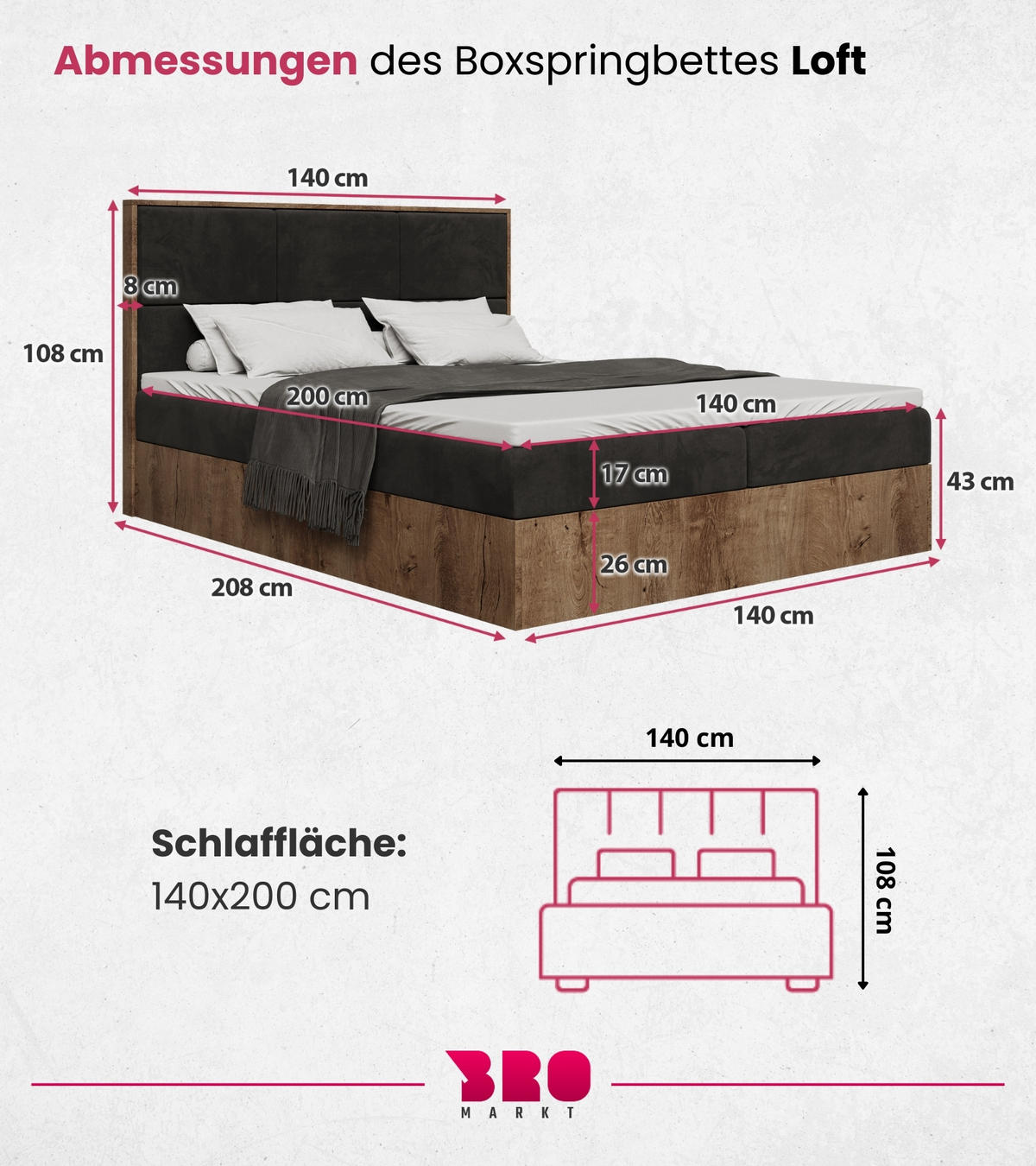 BOXBETT Loft mit Topper 140/200 Grau - Dunkelgrau, Holzwerkstoff/Textil (140/200cm) - Bromarkt