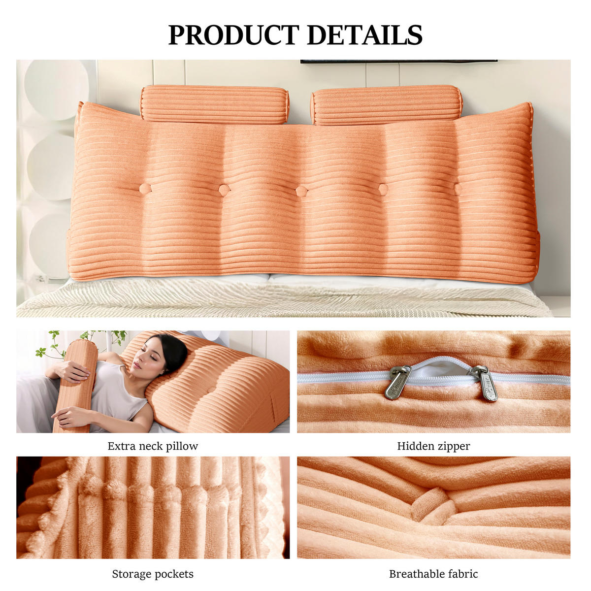 KEILKISSEN mit einem runden Kissen 3er-Set Gestreifter Samt Rosa 160cm - Pink, Textil (20/160cm) - Vercart