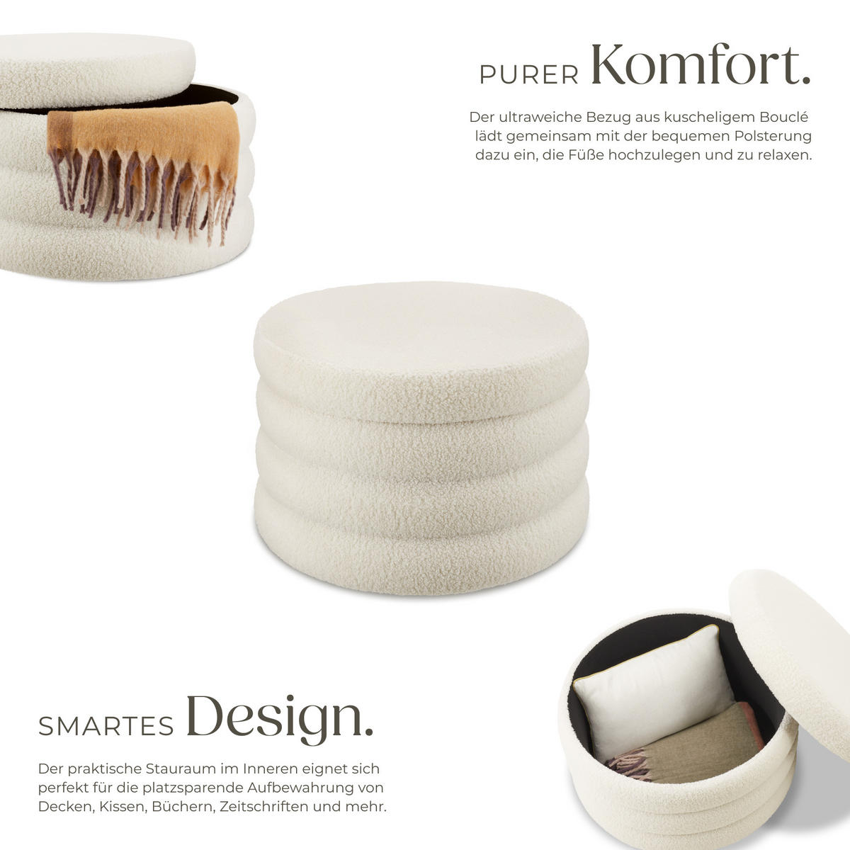 SITZHOCKER mit Stauraum Altu Xl,67 x 42 cm,Bouclé creme-weiß - Creme/Weiß, Holz (67/42/67cm) - tectake