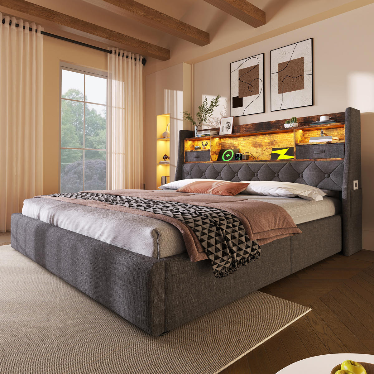 POLSTERBETT 140/200 cm Grau mit hydraulischem Stauraum und LED-Kopfteil mit Matratze - Grau, Textil (140/200cm) - OKWISH