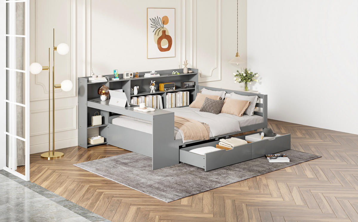 POLSTERBETT 140x200 cm Holz Regal grau - Grau, Holz (140/200cm) - LEBENLANG