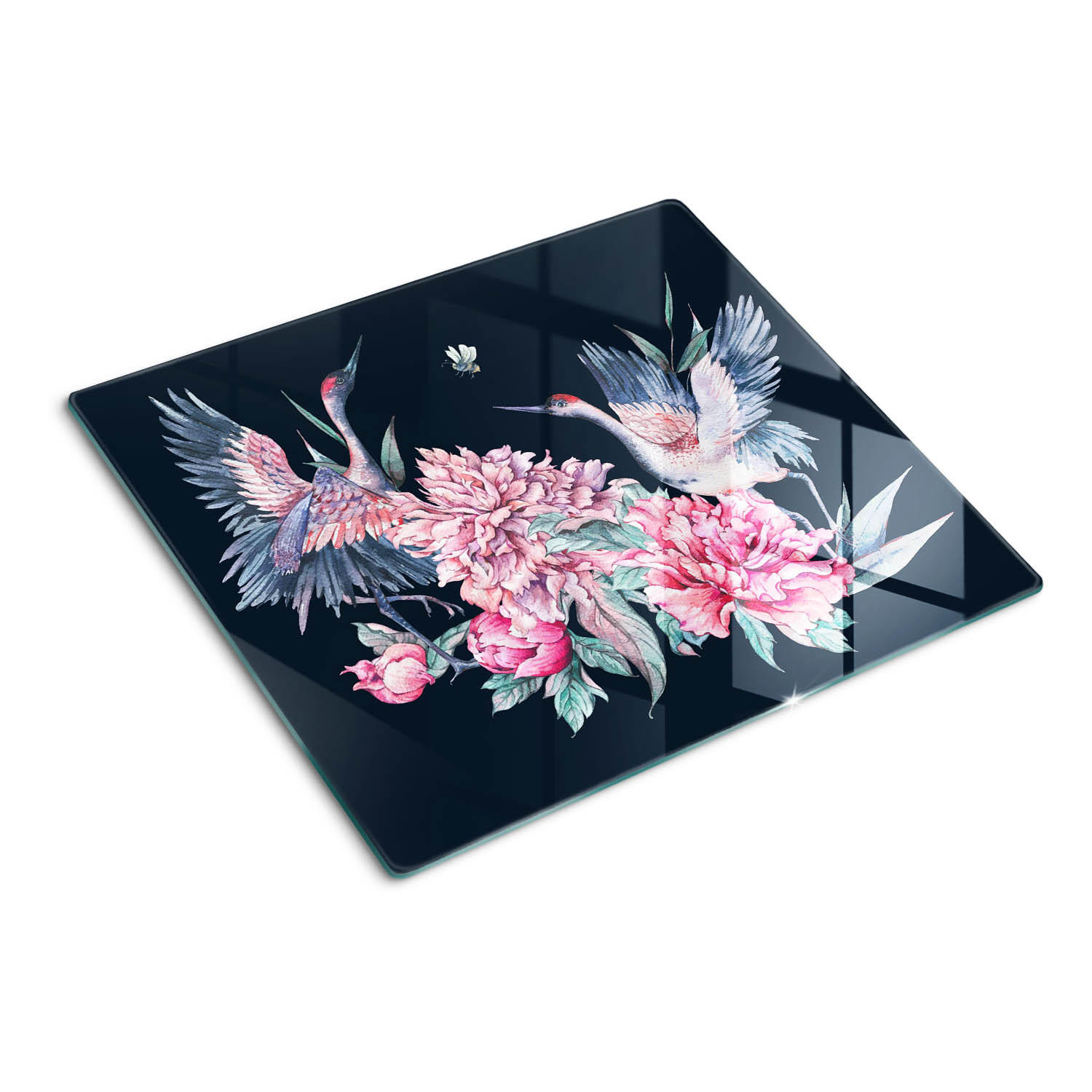 GLASPLATTE 60x52 cm Kraniche Pfingstrosen - Braun, Glas (60/0.4/52cm) - TULUP