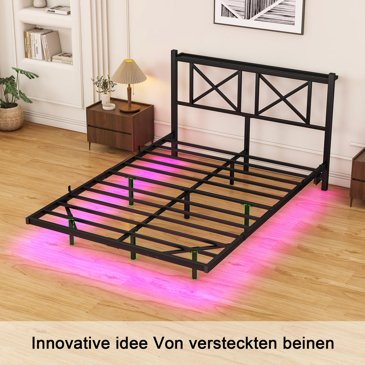 METALLBETT 120x200 cm LED USB Kopfteil - Schwarz, Metall (120/200cm) - Fortuna Lai