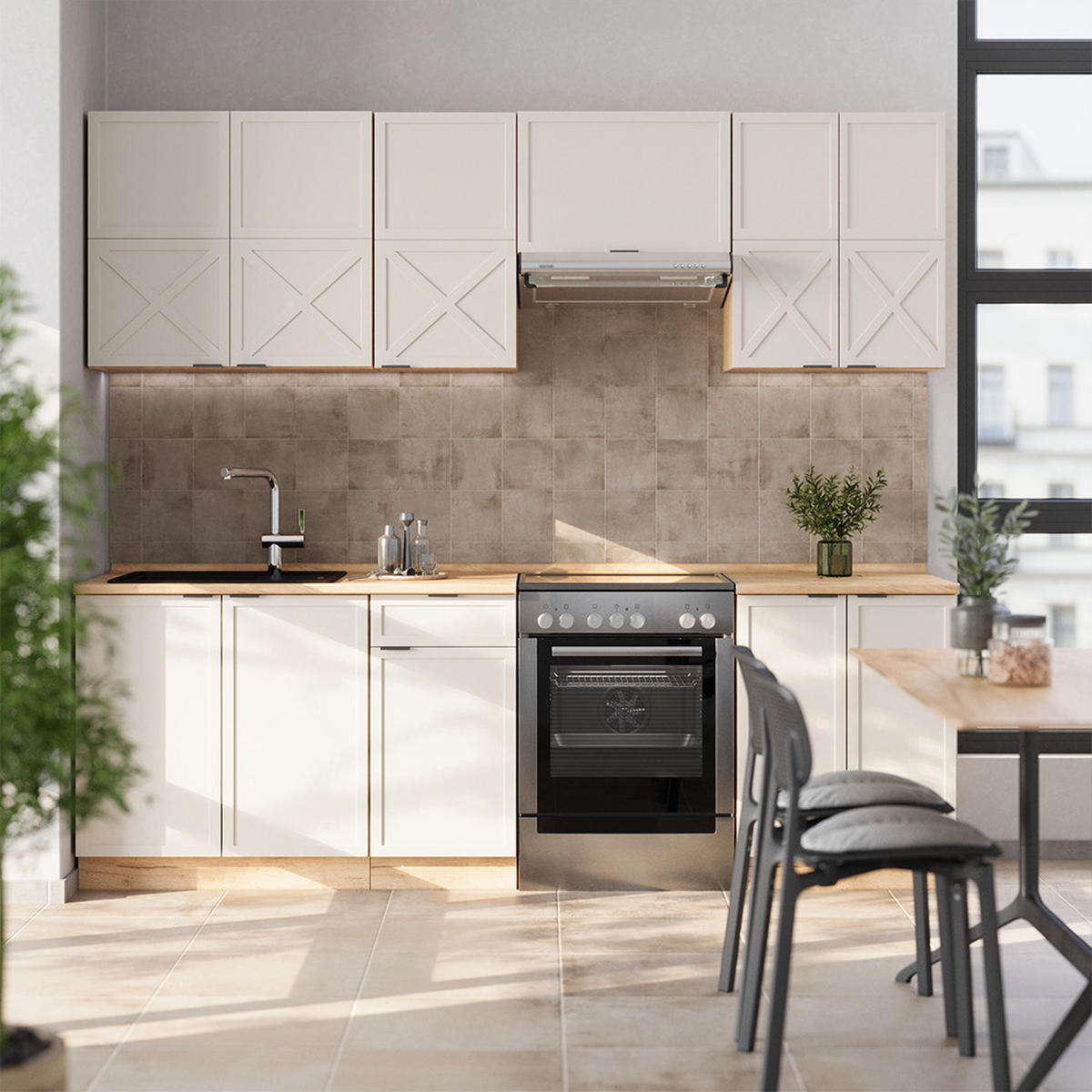 KÜCHENZEILE Fame-Line GrauBeige/Goldkraft Eiche 240 cm, AP Eiche - Honigeiche/Grau, Holzwerkstoff (240/81.6/60cm) - Vicco