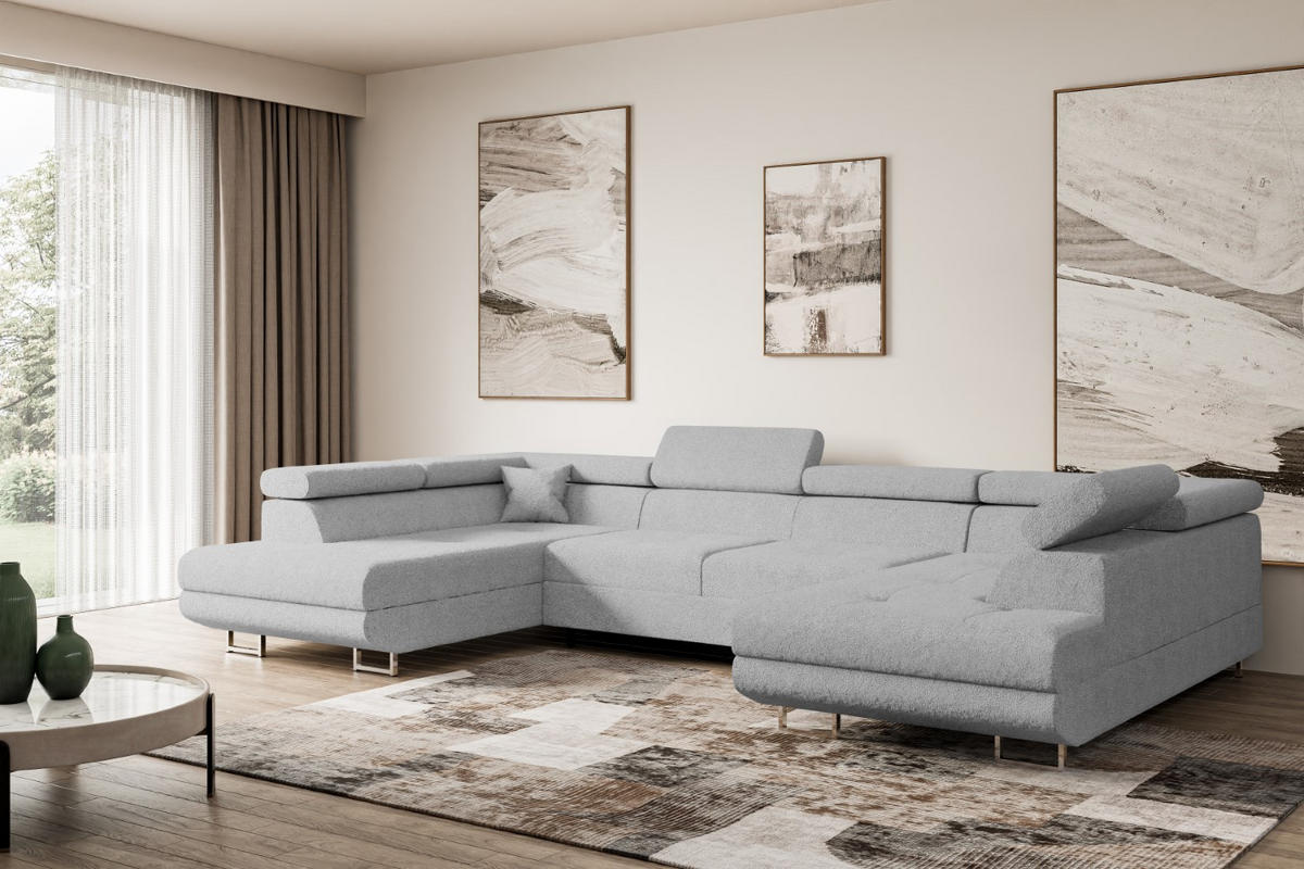 WOHNLANDSCHAFT mit Schlaffunktion und Bettkasten GUSA-U 342x202x107 cm Hellgrau Bouclé - Silberfarben/Hellgrau, Holzwerkstoff/Textil (342/107/202cm) - ALTDECOR