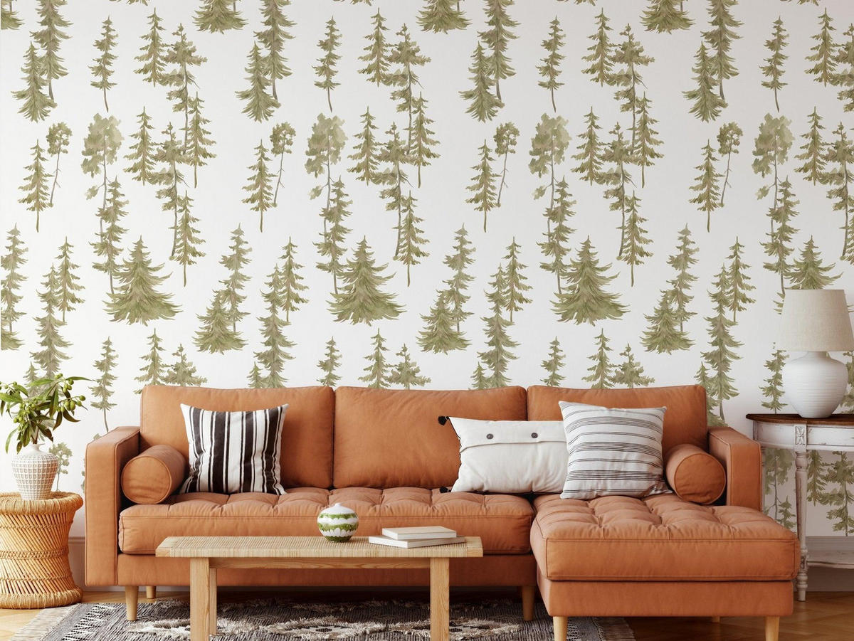 TAPETE Kiefern aus echtem Papier, 200x280cm, 8 Bögen - Grün, Papier (200/280cm) - WALLPAPERS4BEGINNERS