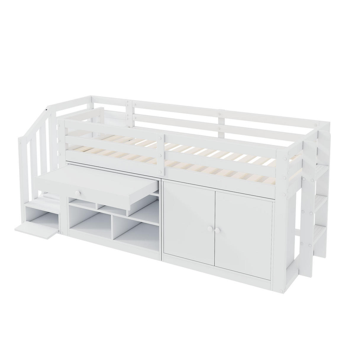KINDEREINZELBETTEN aus Massivholz 90x200 cm in Weiß mit Treppe & Stauraum - Weiß, Holz (90/200cm) - Modfu