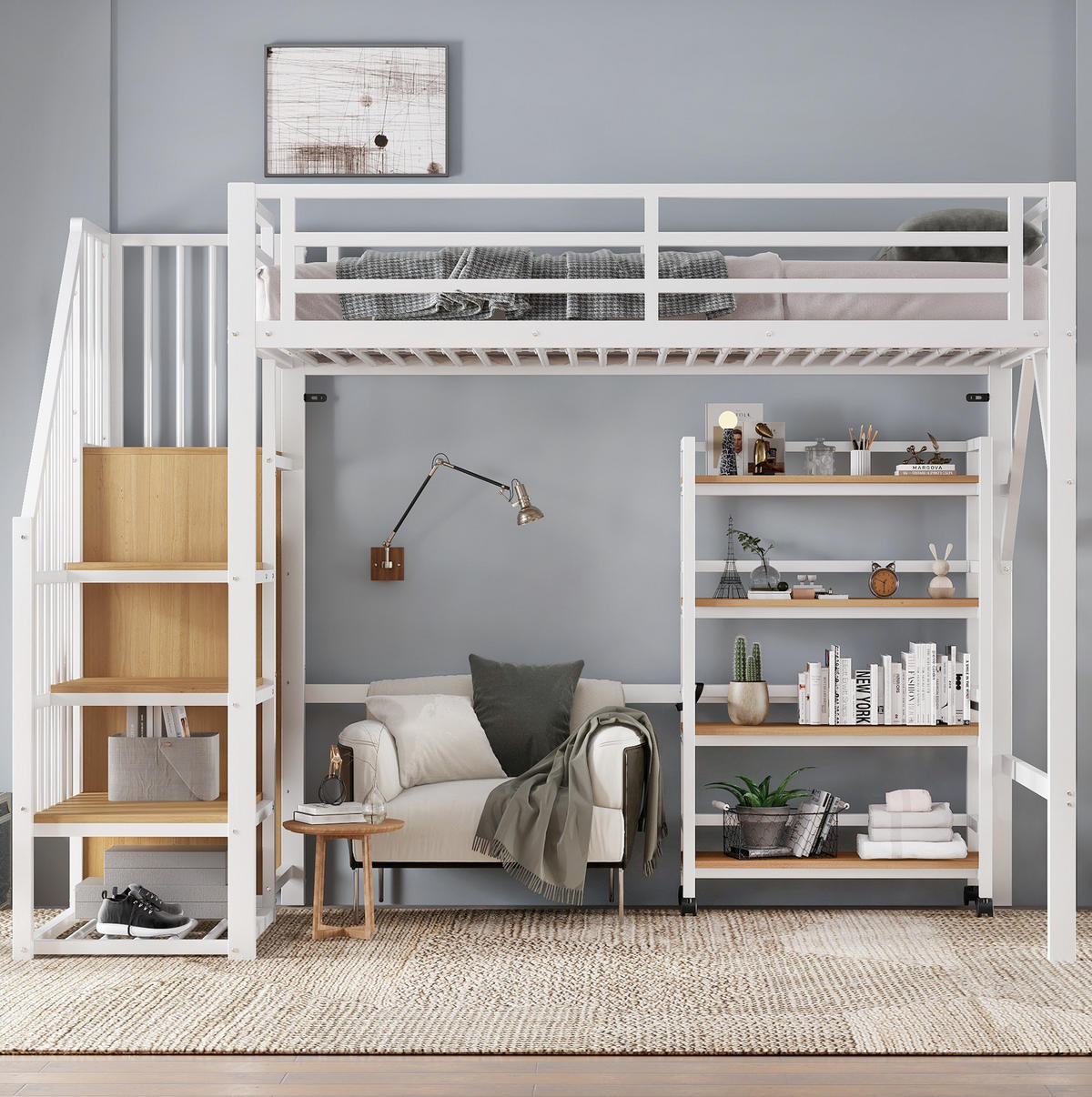 HOCHBETT aus Eisen und MDF 90x200 cm Weiß/Natur mit Eckleiterschrank, Rollregal und Sicherheitsgeländer - Weiß, Metall (90/200cm) - Modfu