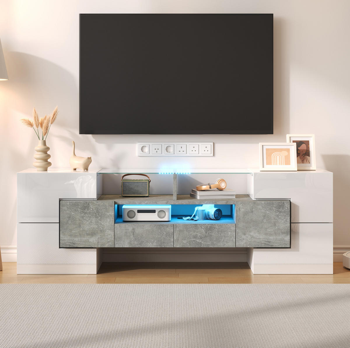 TV-LOWBOARD aus Spanplatte und MDF 145x30x51 cm Hochglanzweiß/Beton mit Mehrfarben-LED - Weiß, Holzwerkstoff (145/51/30cm) - IVMEU