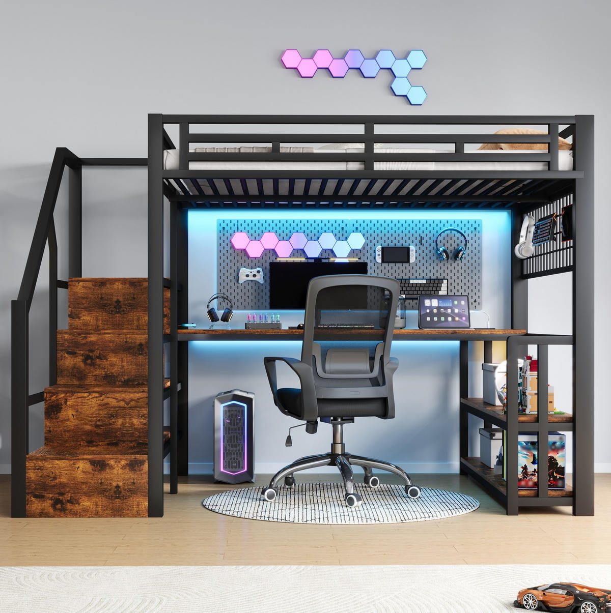 HOCHBETT aus Metall und MDF 140x200 cm Schwarz mit LED-Lichtleiste, Schreibtisch, Stauraum und USB/Typ-C-Anschlüssen - Schwarz, Metall (140/200cm) - Modfu