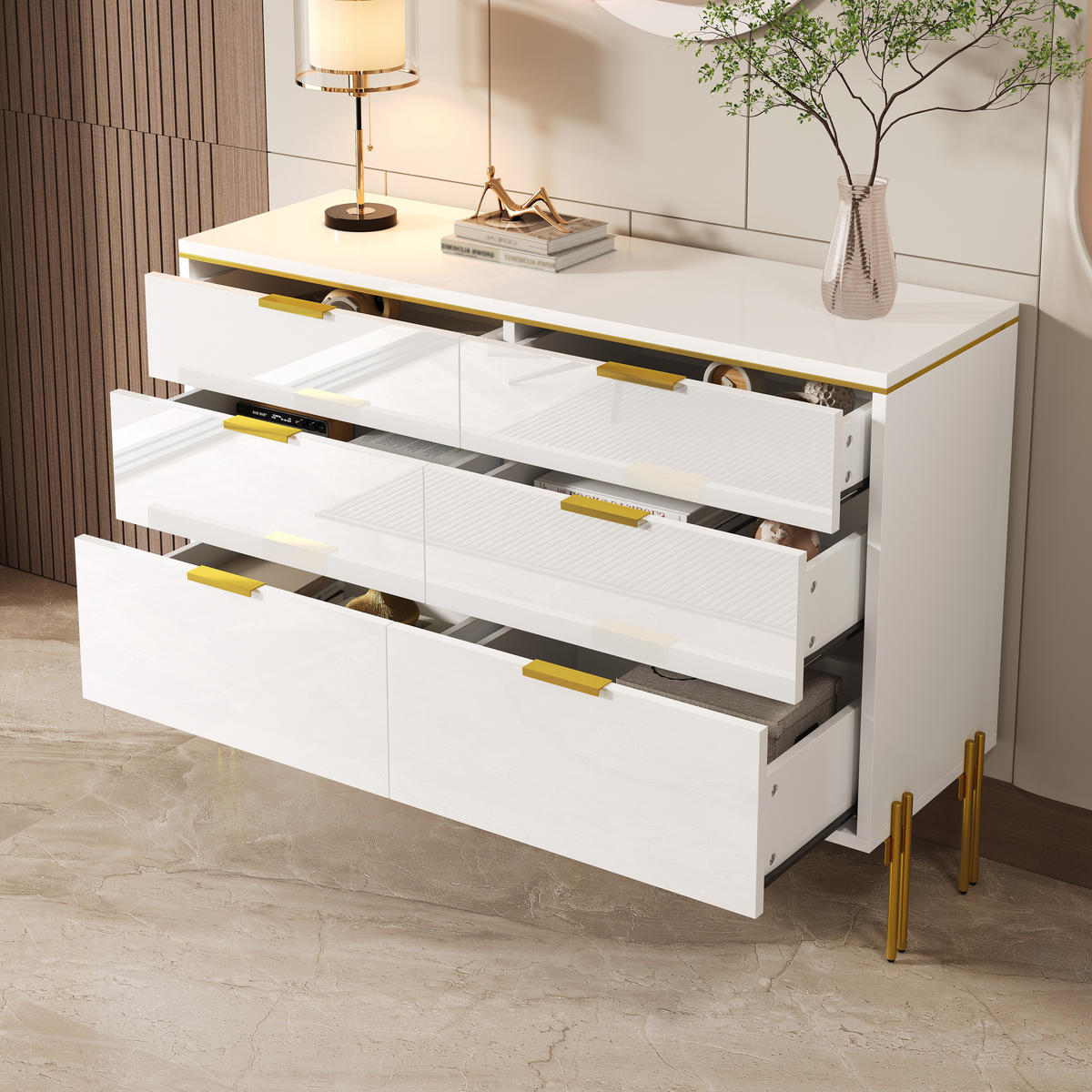 SIDEBOARD in Weiß Kommode mit 6 Schubladen, Hochglanz-Fronten und großem Stauraum für Wohnzimmer, B120/T40/H85.5cm - Goldfarben/Weiß, Holzwerkstoff/Metall (120/85.5/40cm) - STILVORA
